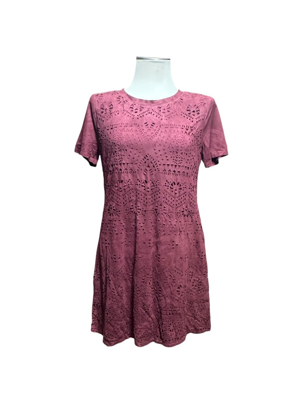 C&V Chelsea & Violet Short Sleeve Laser Cut Mini Dress Dark Scarlet Large